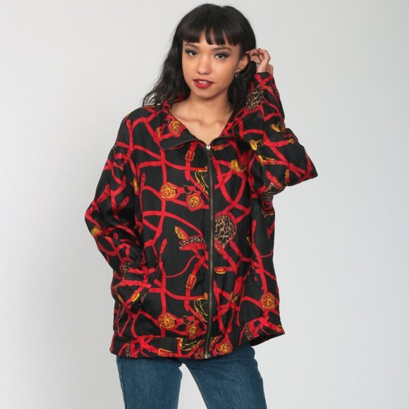 EVR Vintage 100% Silk Gold Accessories Gold Belts Print Red Zip Up Bomber Jacket - Picture 3 of 12